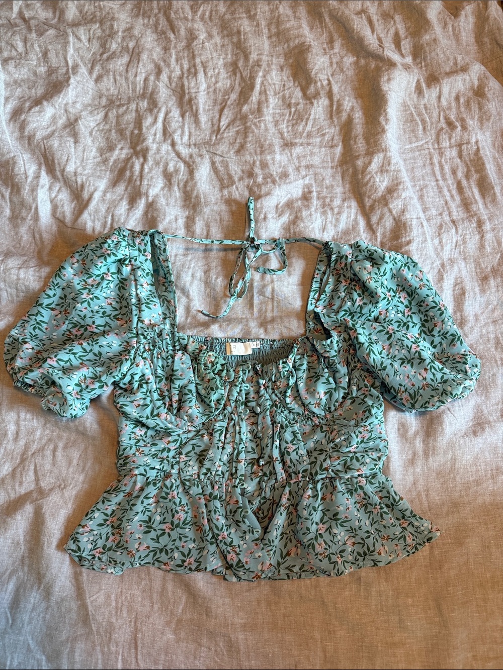Astr Mint Green Floral Puff-Sleeve Square Neck Top